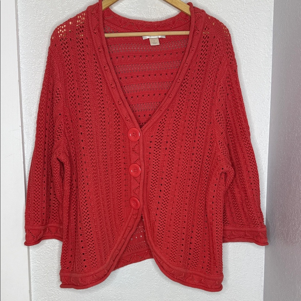 CJ Banks Coral Open Knit whimsy Button Front Cardigan Sweater Cottagecore 2X